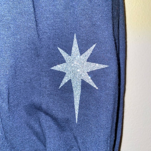 Christmas themed, navy long sleeve Guildan t-shirt with silver sparkle "JOY" - Picture 4 of 5
